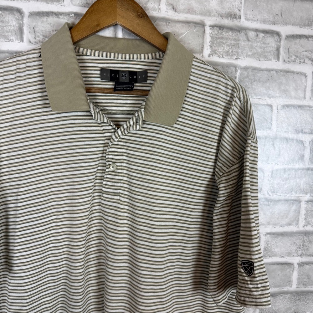 Nike Golf VTG Mens Large Polo Shirt Khaki White Striped Short Sleeve Cotton Logo